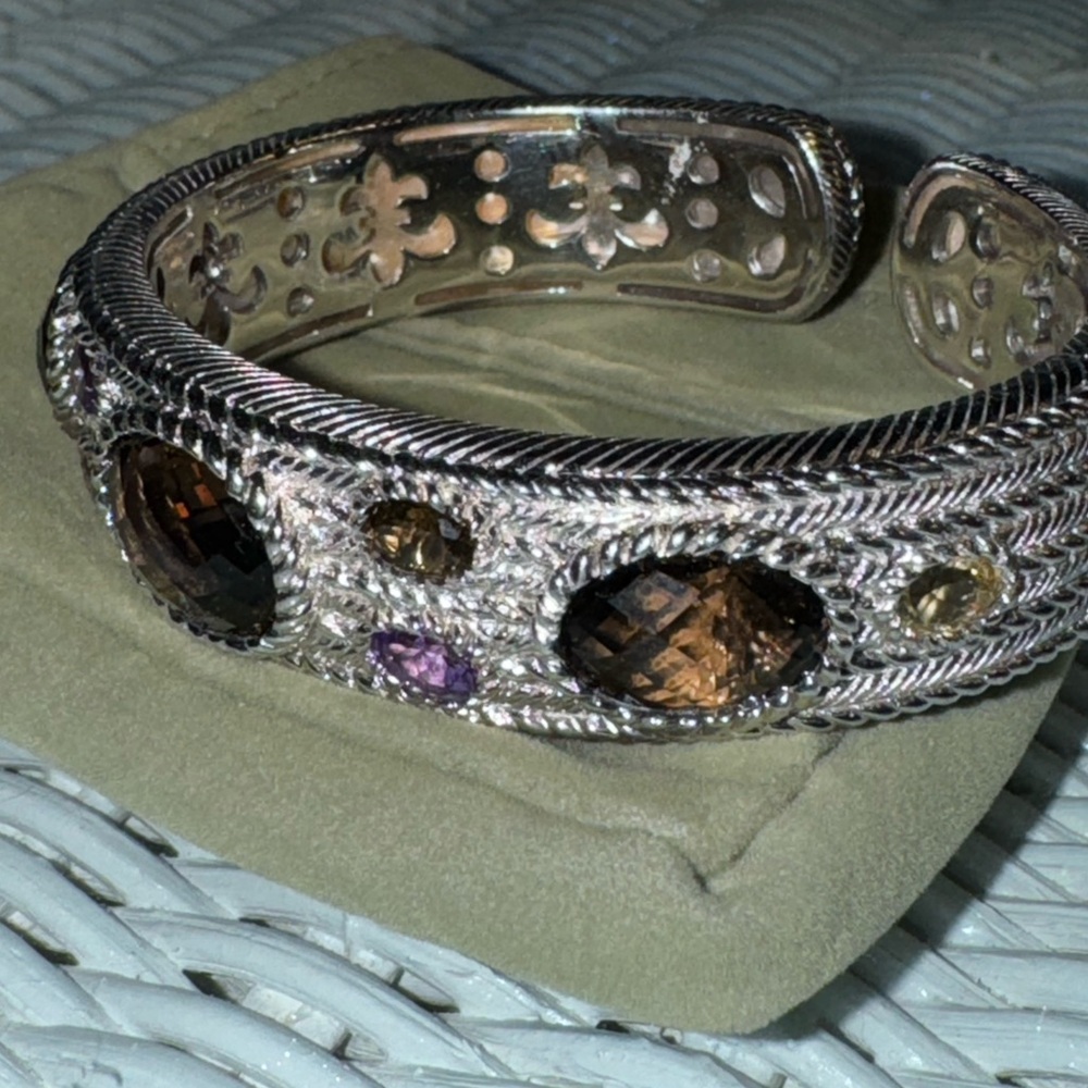 JUDITH RIPKA Smoky Quartz Amethyst Citrine 925 Sterling Silver Cuff Bracelet